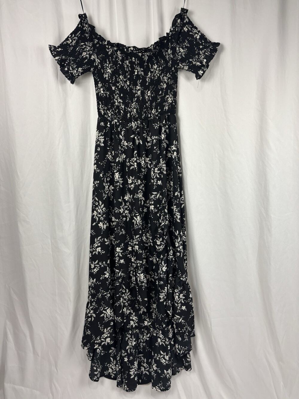 Blue Rain Black White Floral Dress High Low Hem Off The Shoulder Cottage M